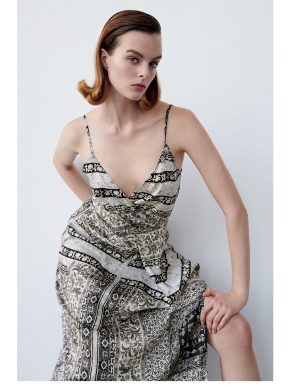 NWT Zara Patterned Spaghetti-Strap Midi Dress - Picture 4 of 9